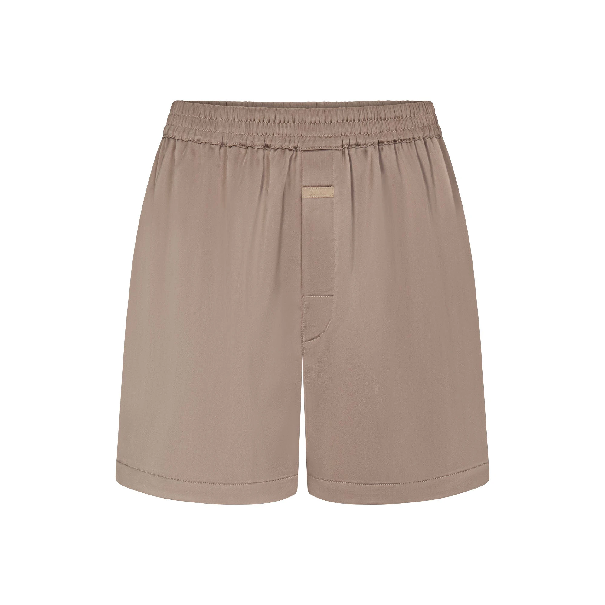 SATEEN SLEEP MENS 3" BOXER SHORT | LATTE LAYS FLAT ON A WHITE BACKGROUND | FLT 