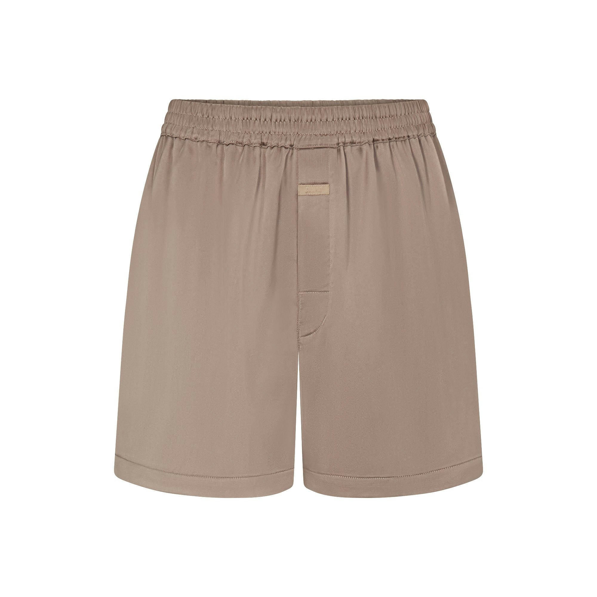 SATEEN SLEEP MENS 3" BOXER SHORT | LATTE LAYS FLAT ON A WHITE BACKGROUND | FLT 