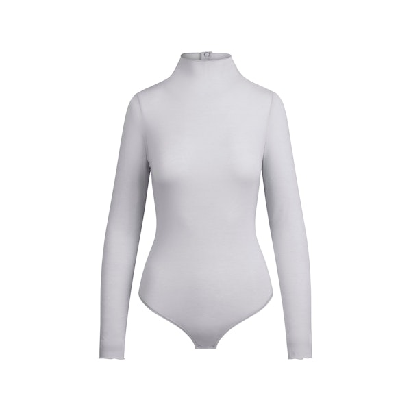 SHEER MODAL LONG SLEEVE TURTLENECK BODYSUIT | MIST FLAT ON A WHITE BACKGROUND | FLT