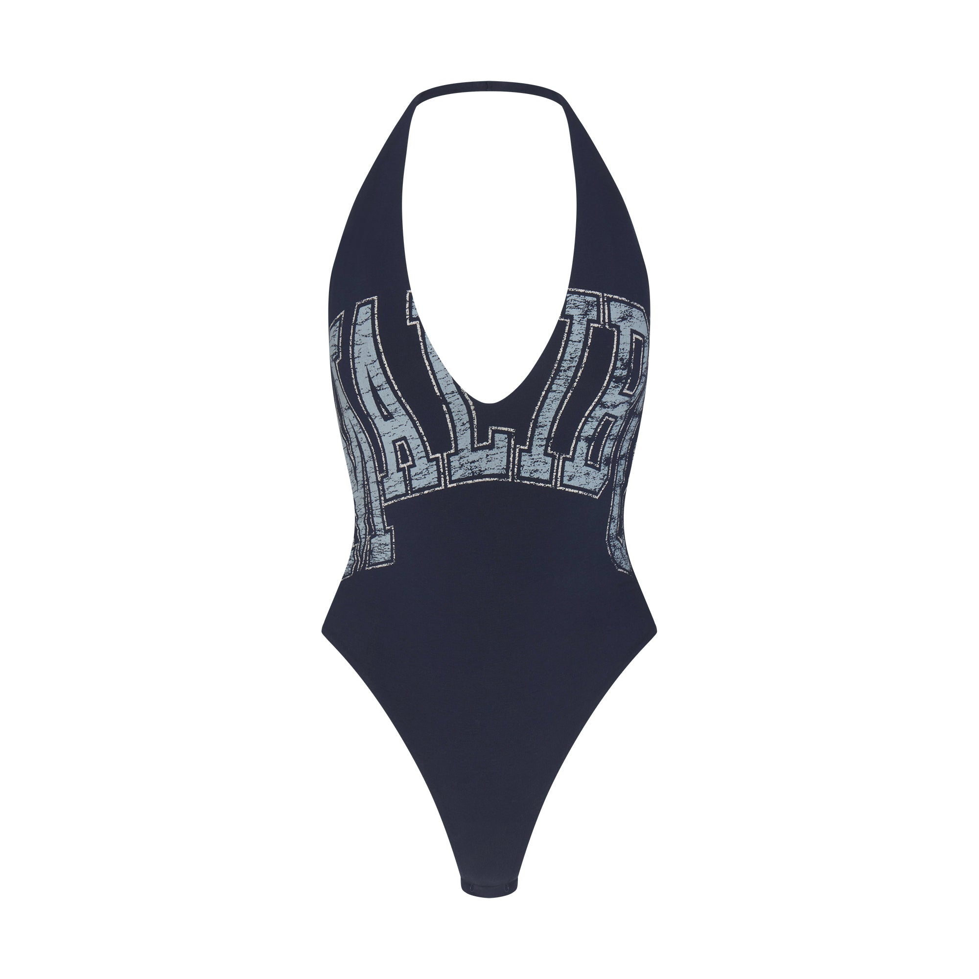 COTTON JERSEY DEEP PLUNGE HALTER BODYSUIT | NAVY MALIBU FLAT ON A WHITE BACKGROUND | FLT