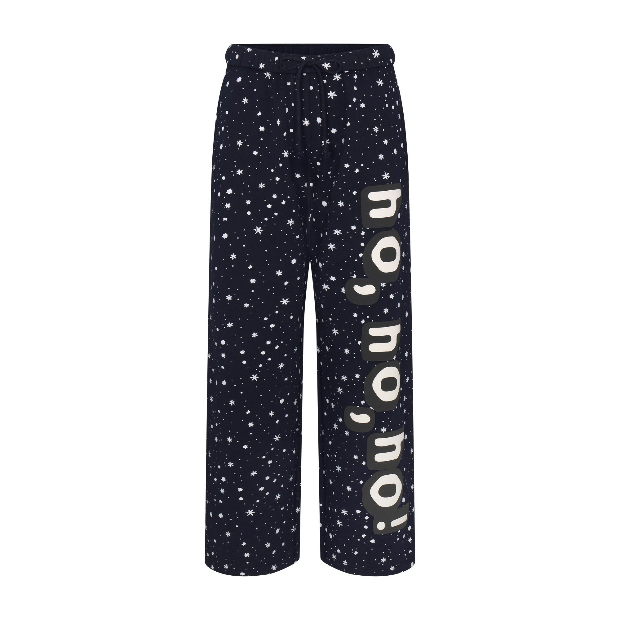 CACTUS PLANT FLEA MARKET X SKIMS COTTON FLEECE STRAIGHT LEG PANT | NAVY HO HO HO SNOW PRINT FLAT ON A WHITE BACKGROUND | FLT