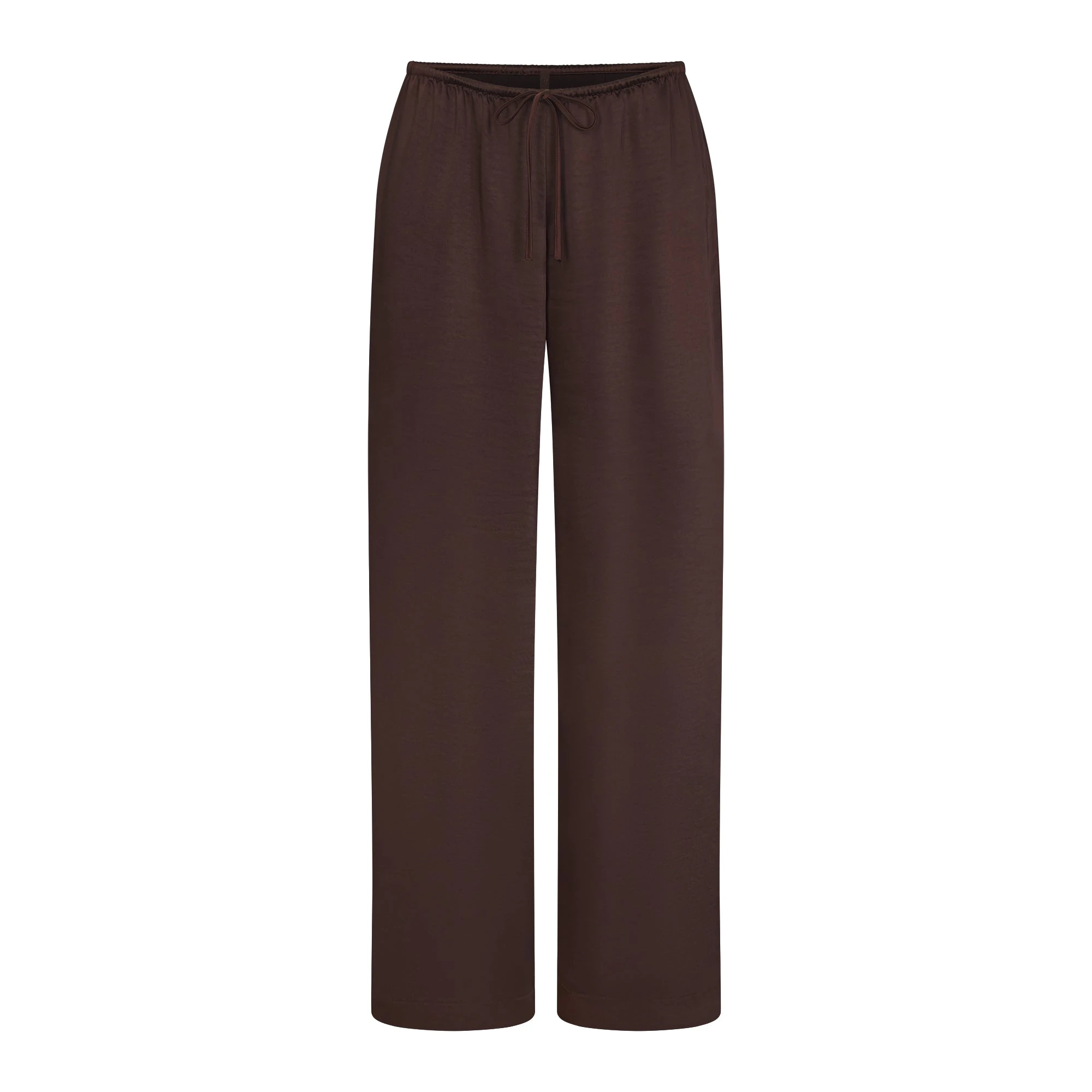 LIGHTWEIGHT SATIN STRAIGHT LEG PANT | ESPRESSO FLAT ON A WHITE BACKGROUND | FLT