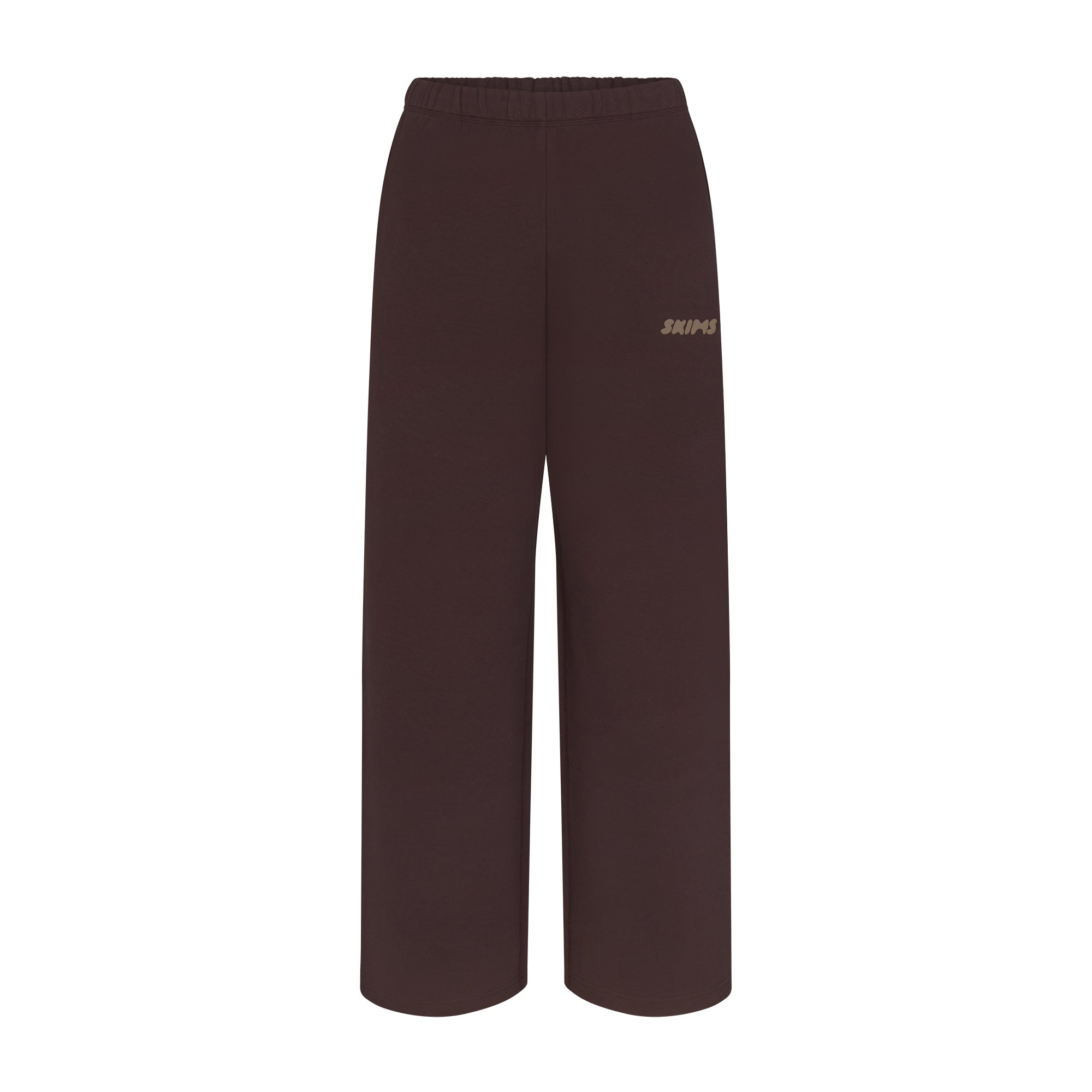 COTTON FLEECE DOUBLE WAISTBAND PANT WITH EMBOSSED LOGO | ESPRESSO & LAYS FLAT ON A WHITE BACKGROUND | FLT