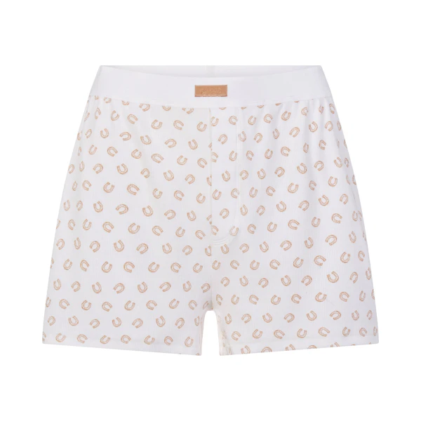 COTTON RIB LOOSE BOXER | OCHRE HORSESHOE PRINT FLAT ON A WHITE BACKGROUND | FLT