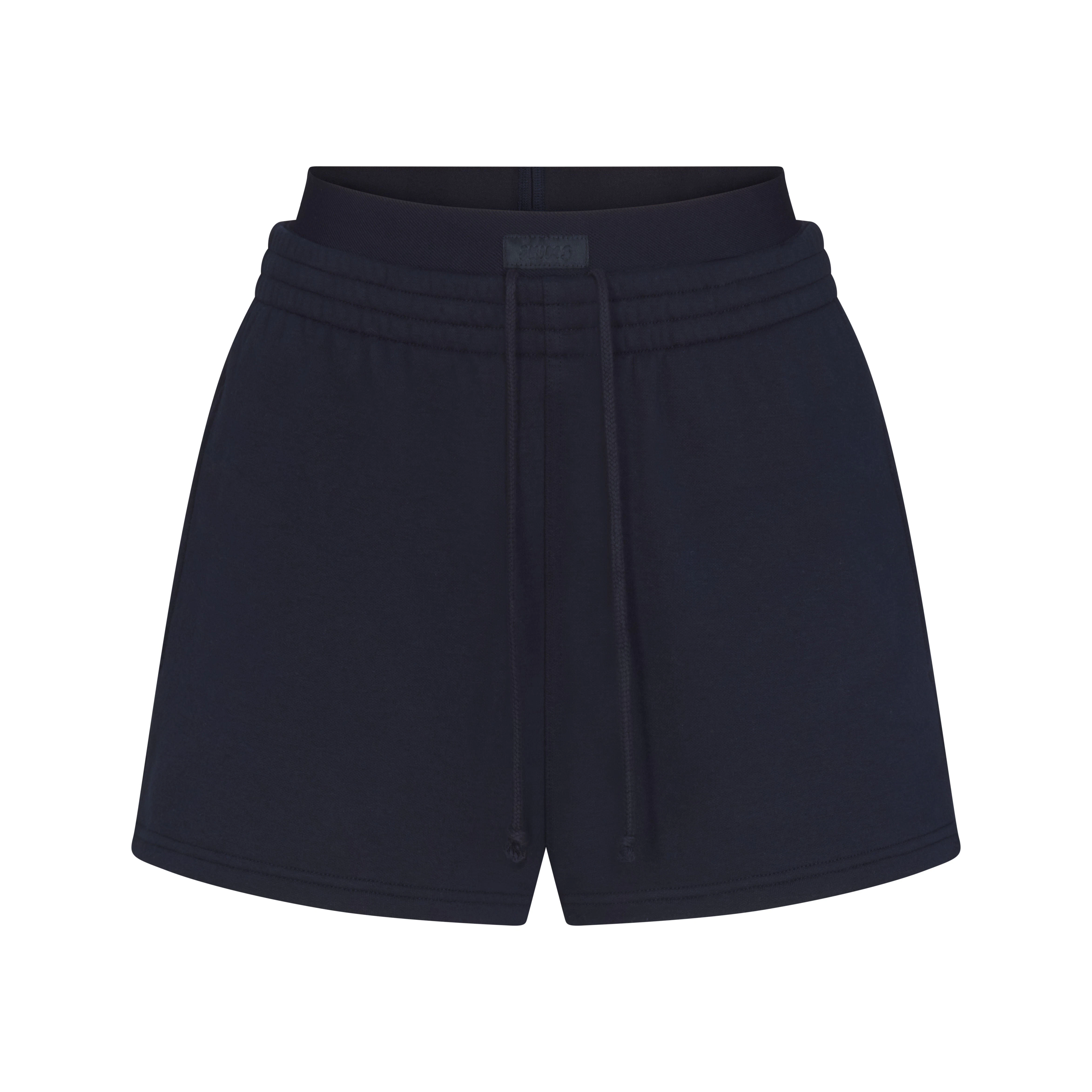 COTTON FLEECE DOUBLE WAISTBAND SHORT | NAVY & LAYS FLAT ON A WHITE BACKGROUND | FLT