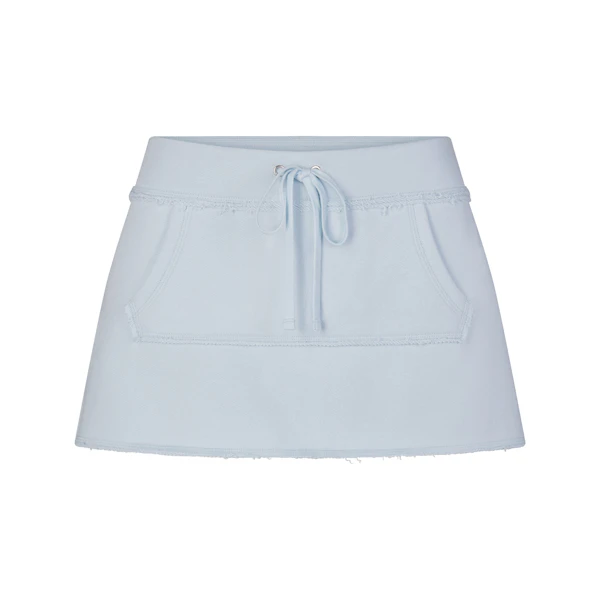 DRAPEY FRENCH TERRY MINI SKIRT | POWDER BLUE FLAT ON A WHITE BACKGROUND | FLT