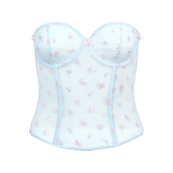 SPRING INTIMATES CORSET | POWDER BLUE MULTI TULLE FLAT ON A WHITE BACKGROUND | FLT