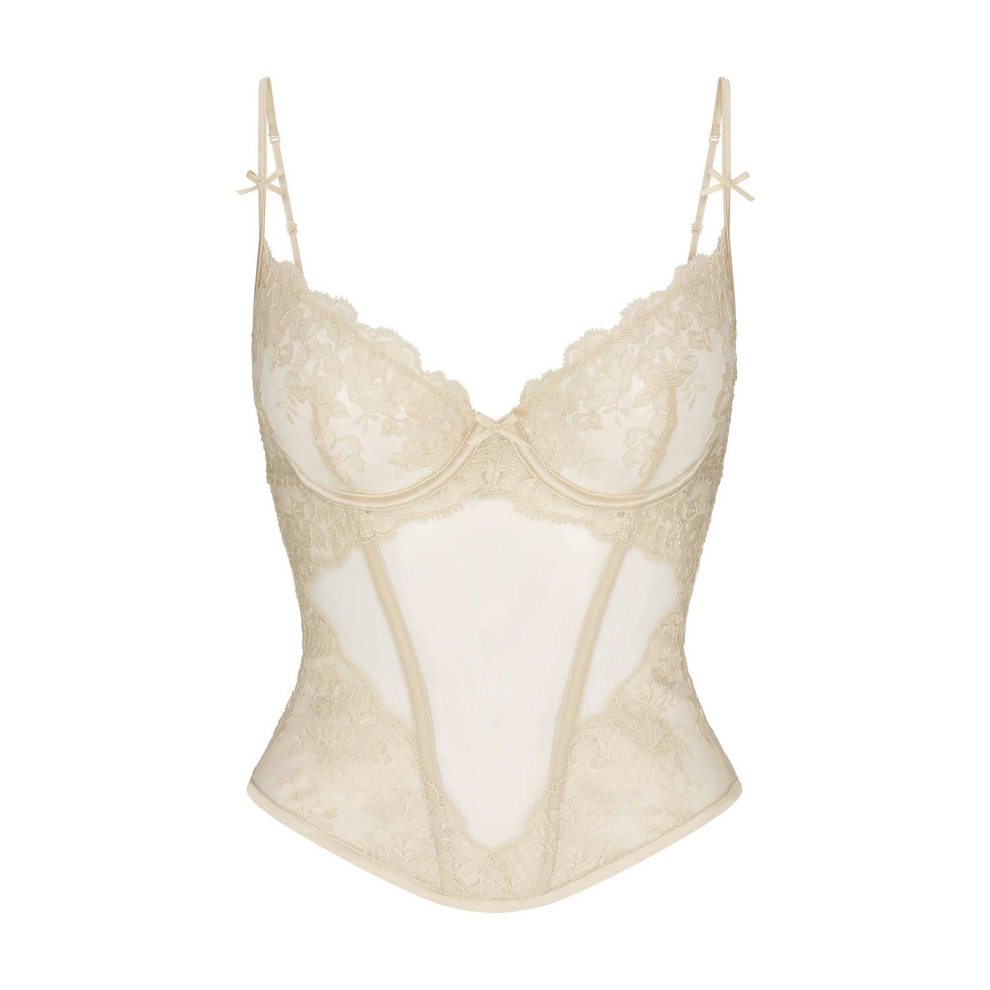 EMBROIDERED LINGERIE UNLINED CORSET | CHAMPAGNE FLAT ON A WHITE BACKGROUND | FLT