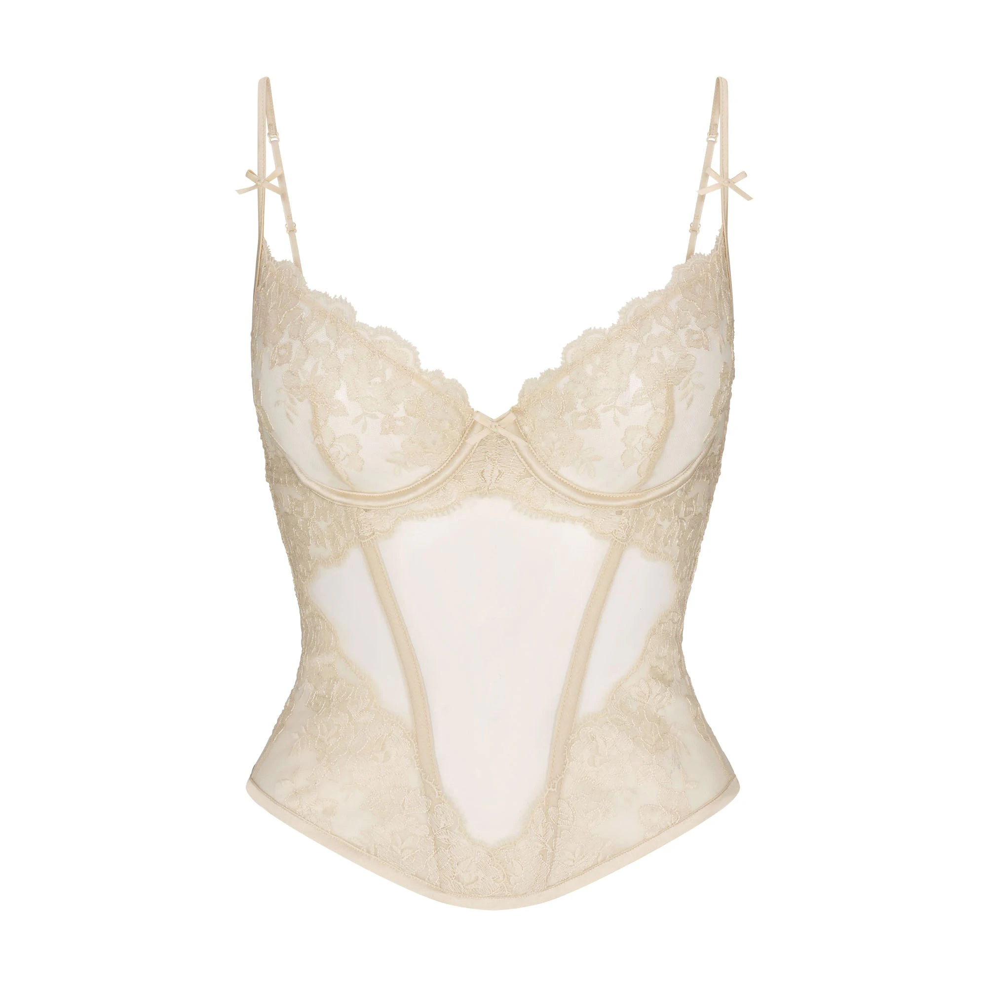 EMBROIDERED LINGERIE UNLINED CORSET | CHAMPAGNE FLAT ON A WHITE BACKGROUND | FLT