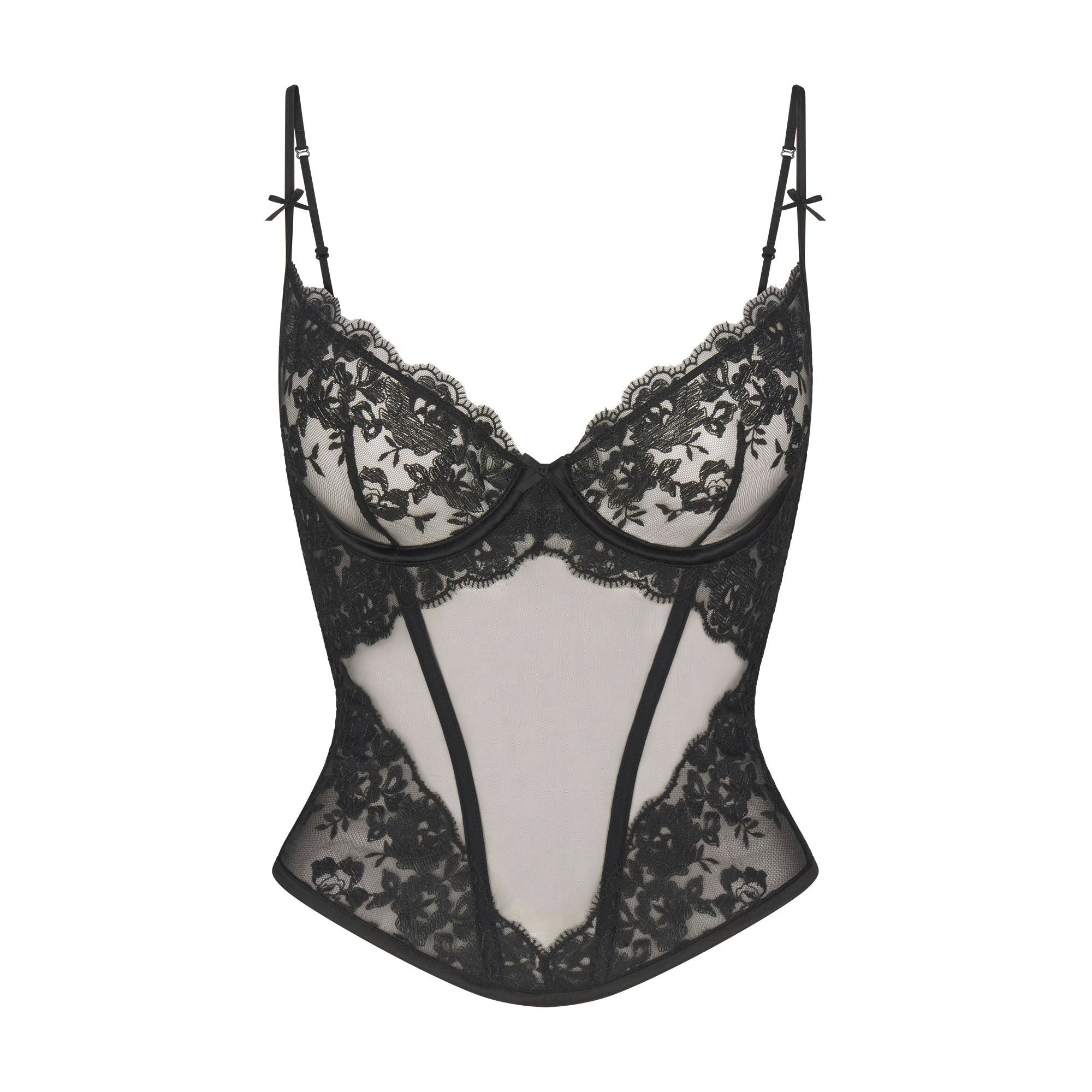 EMBROIDERED LINGERIE UNLINED CORSET | ONYX FLAT ON A WHITE BACKGROUND | FLT