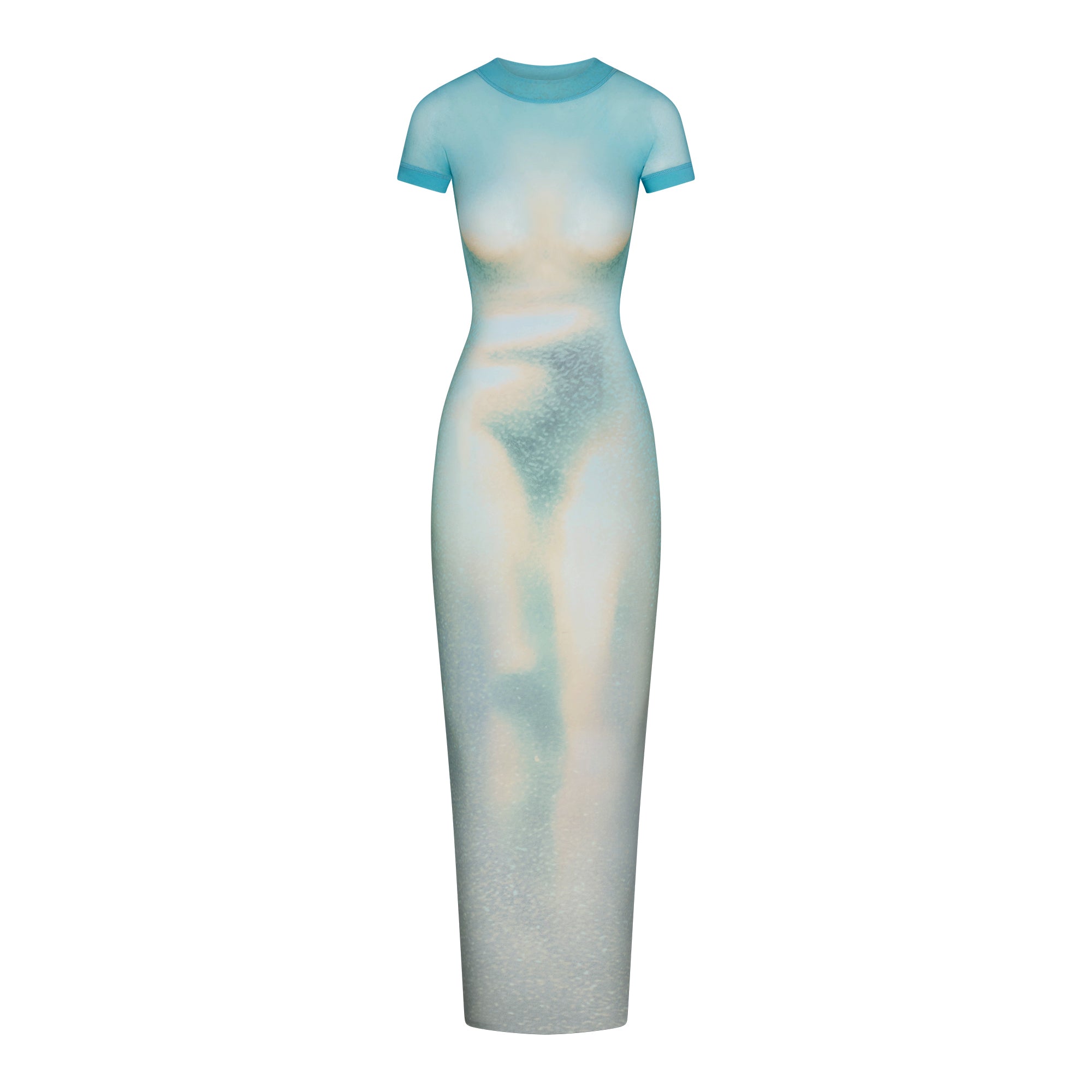 MESH COVER-UPS LONG DRESS | CYAN FK BODY PRINT LAYS FLAT ON A WHITE BACKGROUND | FLT 