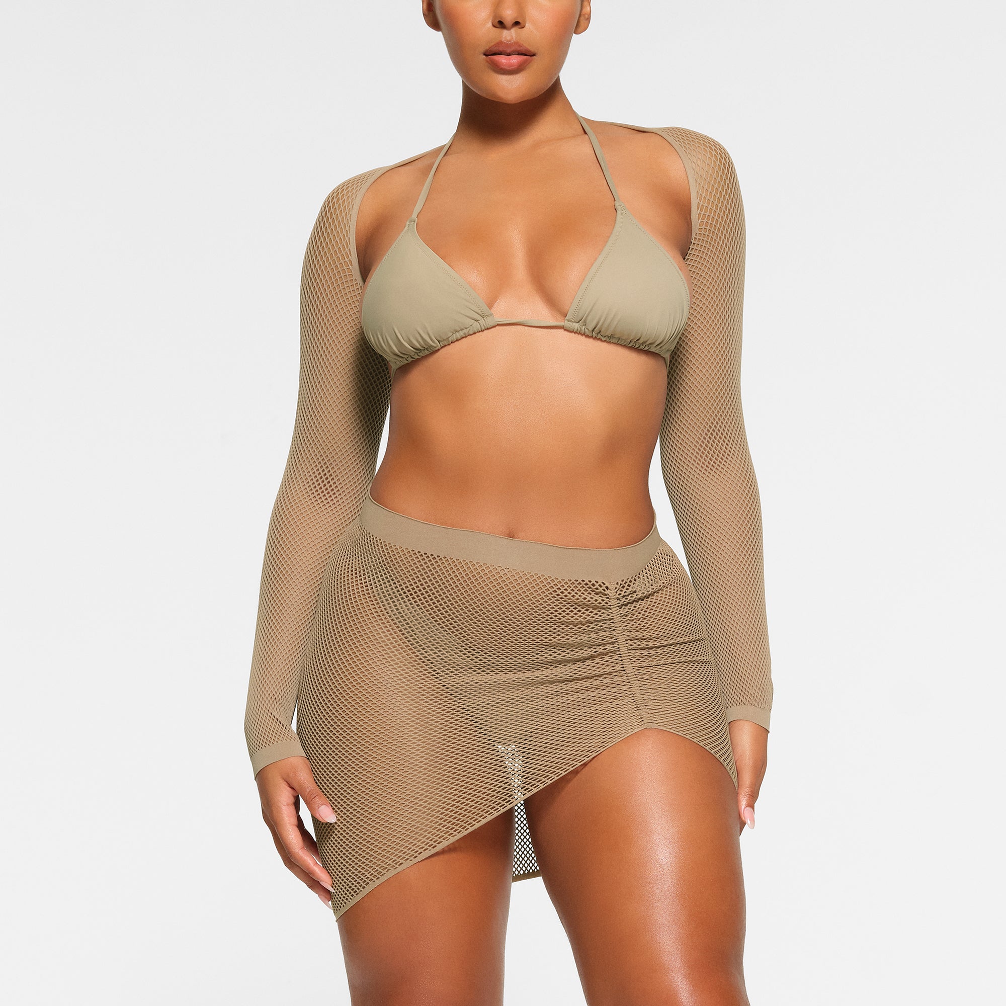 WARP KNIT COVER UP RUCHED SARONG WORN BY A MODEL IN FRONT VIEW