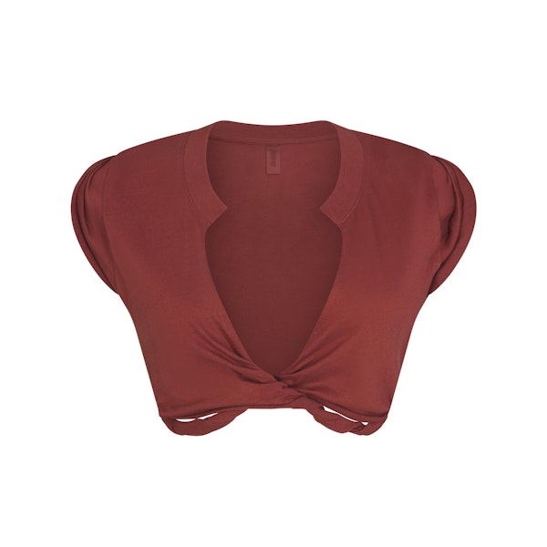 COTTON JERSEY COVER-UPS PLUNGE TWIST TOP | HENNA LAYS FLAT ON A WHITE BACKGROUND | FLT