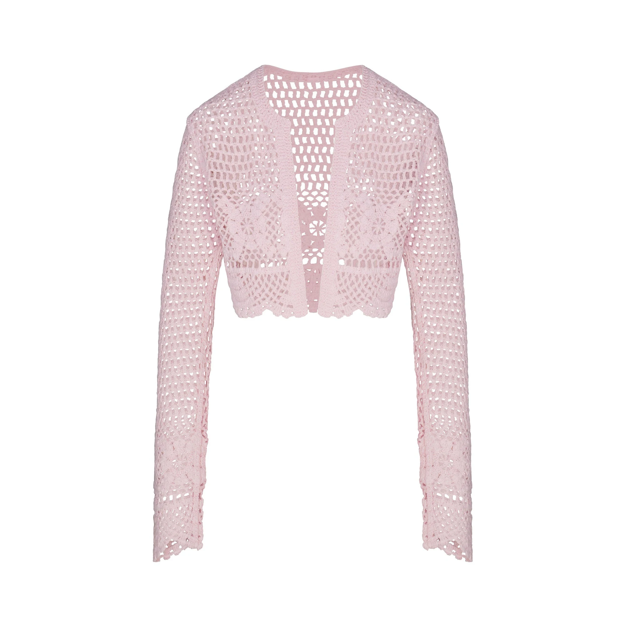 CROCHET COVER-UPS CROPPED CARDIGAN | CHERRY BLOSSOM FLAT ON A WHITE BACKGROUND | FLT