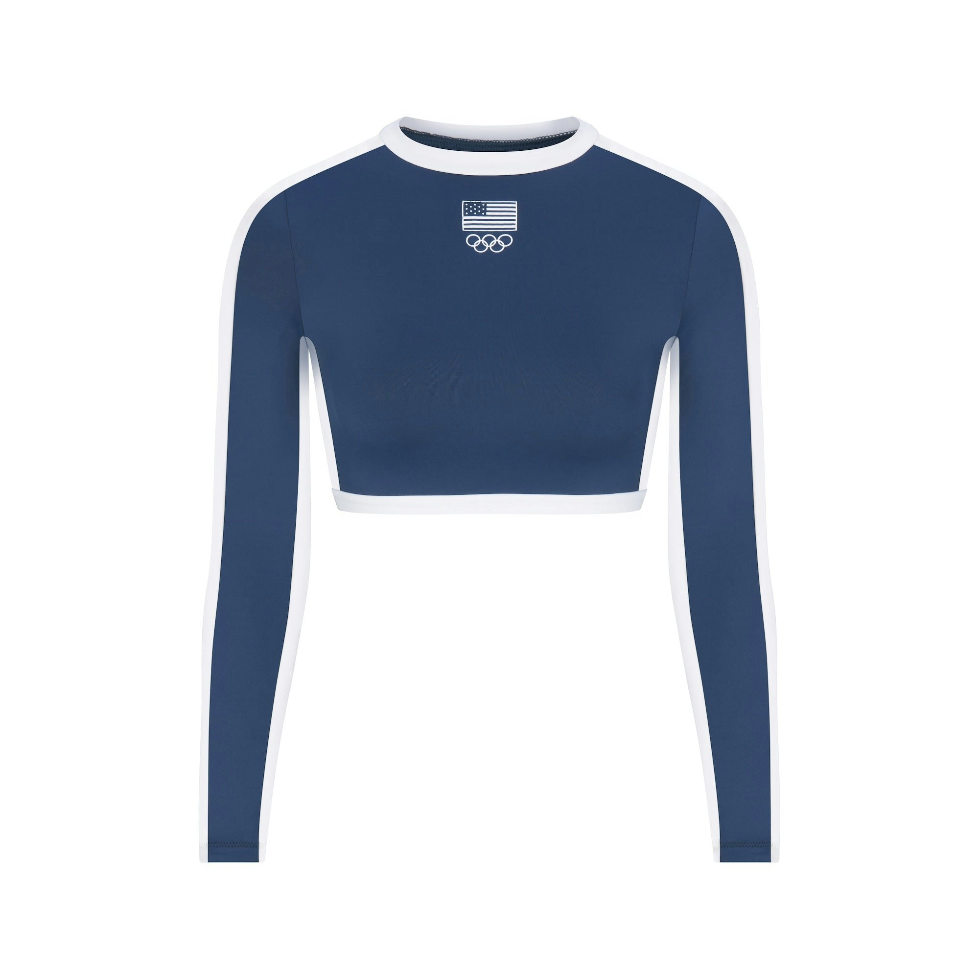 SKIMS FOR TEAM USA SIGNATURE SWIM OLYMPIC LONG SLEEVE CROPPED T-SHIRT | NAVY (CROP TOPS, TOPS) FLAT ON A WHITE BACKGROUND | FLT