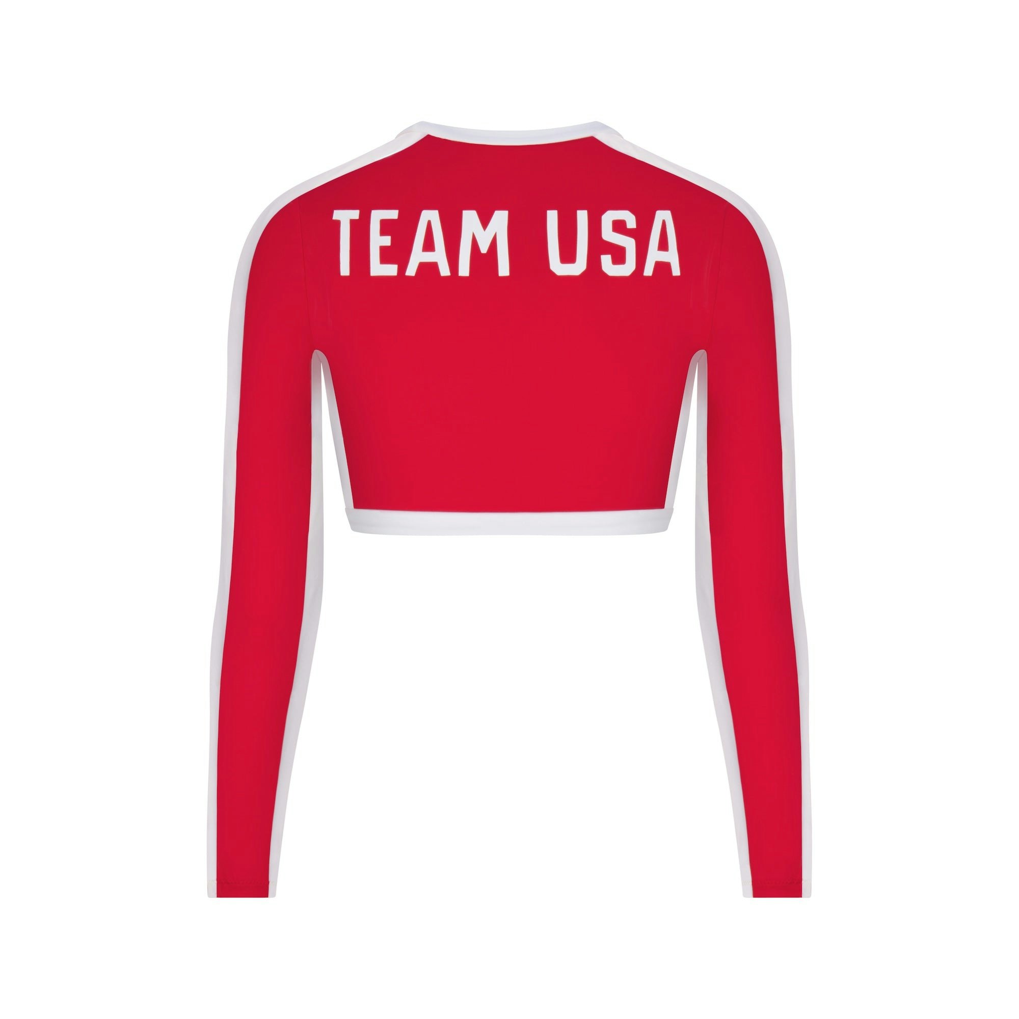 SKIMS FOR TEAM USA SIGNATURE SWIM OLYMPIC LONG SLEEVE CROPPED T-SHIRT | RED FLAT ON A WHITE BACKGROUND | FLT