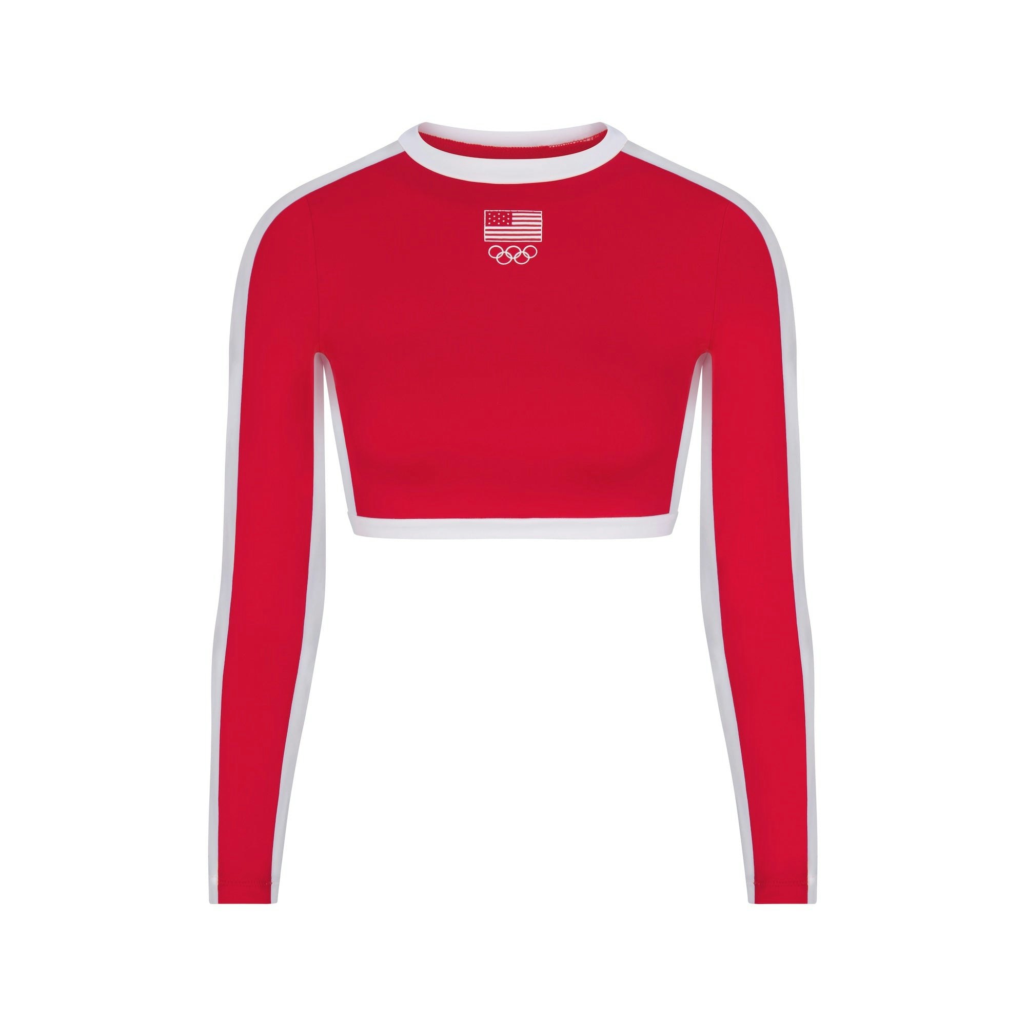 SKIMS FOR TEAM USA SIGNATURE SWIM OLYMPIC LONG SLEEVE CROPPED T-SHIRT | RED (CROP TOPS, TOPS) FLAT ON A WHITE BACKGROUND | FLT