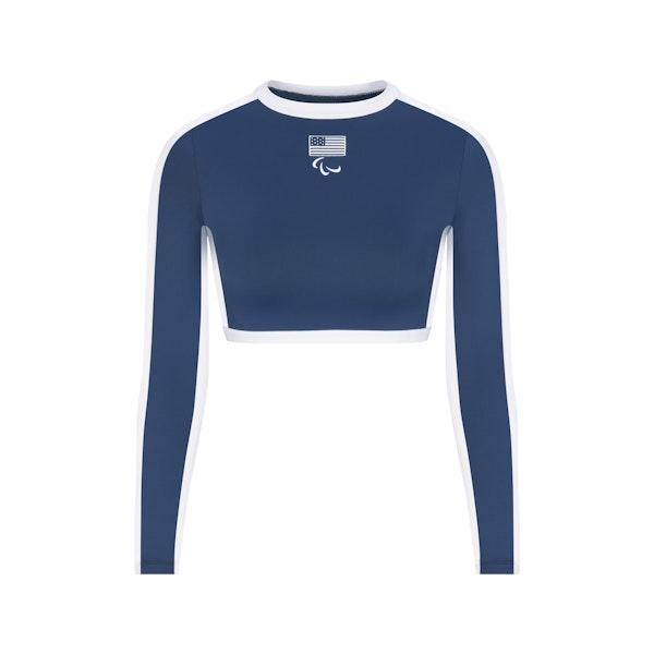 SKIMS FOR TEAM USA SIGNATURE SWIM PARALYMPIC LONG SLEEVE CROPPED T-SHIRT | NAVY (CROP TOPS, TOPS) FLAT ON A WHITE BACKGROUND | FLT