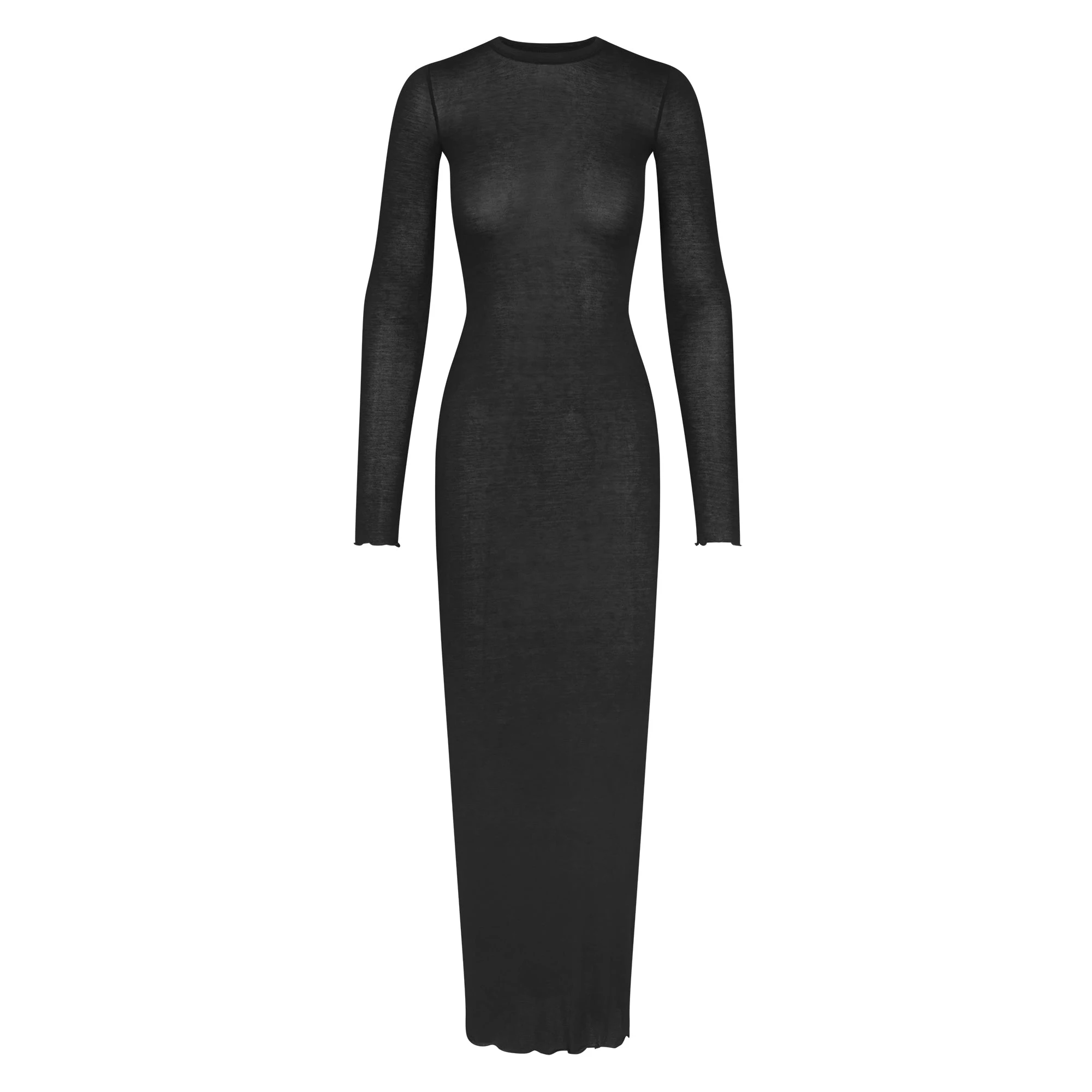 SHEER MODAL LONG SLEEVE LONG DRESS | ONYX (LONG DRESSES) FLAT ON A WHITE BACKGROUND | FLT