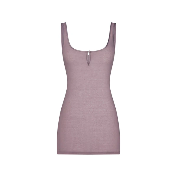 SHEER RIB MINI SLIP DRESS | ZINC FLAT ON A WHITE BACKGROUND | FLT