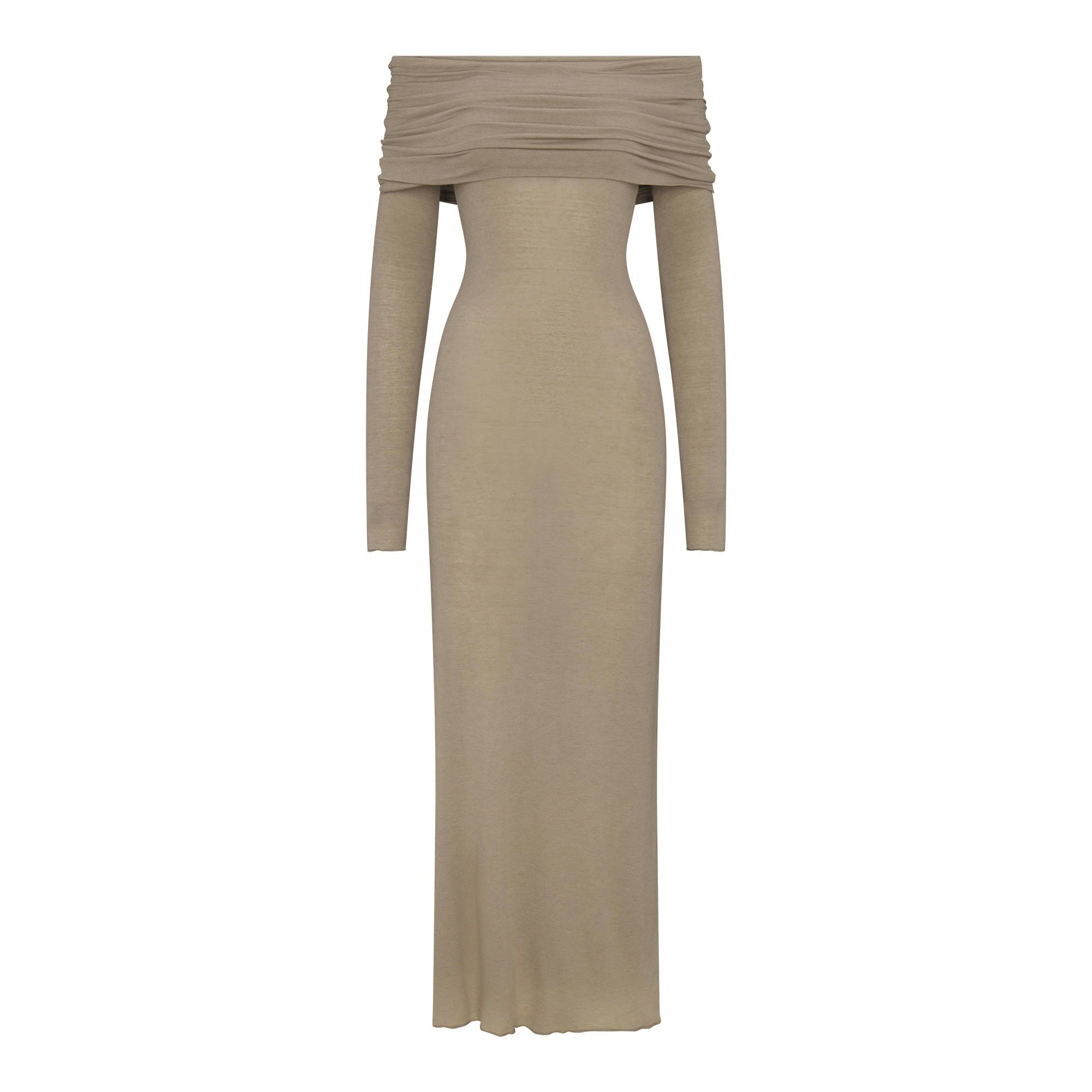 SHEER MODAL OFF SHOULDER LONG DRESS | DUNE FLAT ON A WHITE BACKGROUND | FLT