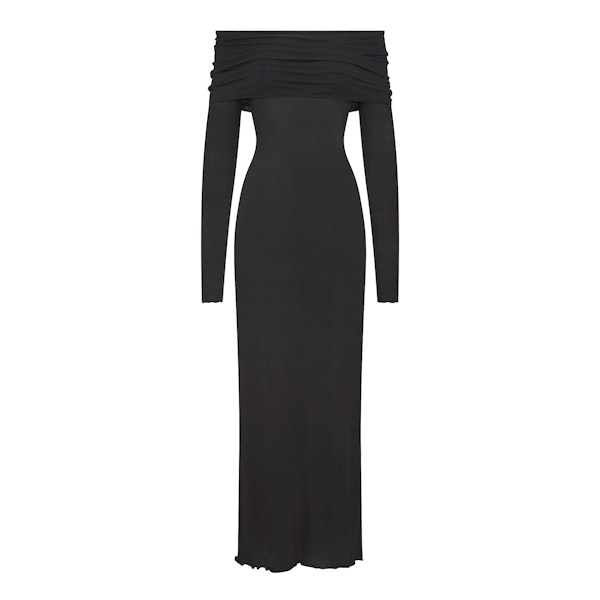 SHEER MODAL OFF SHOULDER LONG DRESS | ONYX FLAT ON A WHITE BACKGROUND | FLT