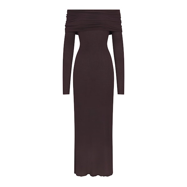 SHEER MODAL OFF SHOULDER LONG DRESS | PHOENIX FLAT ON A WHITE BACKGROUND | FLT