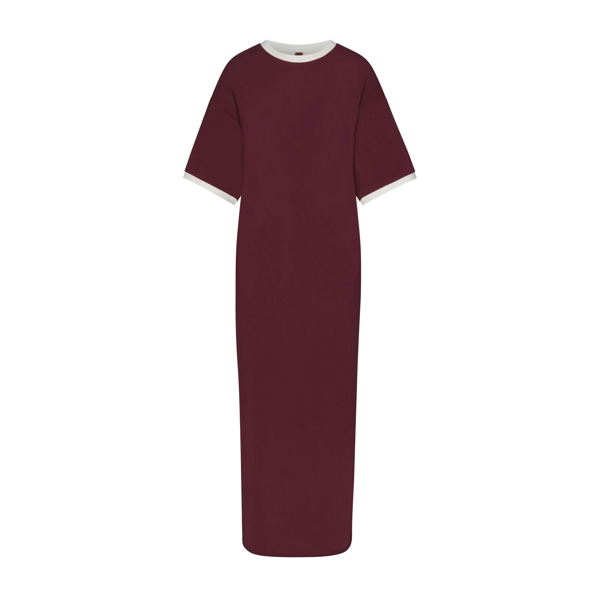 SOFT LOUNGE RINGER T-SHIRT LONG DRESS | MAROON (LONG DRESSES) LAYS FLAT ON A WHITE BACKGROUND | FLT