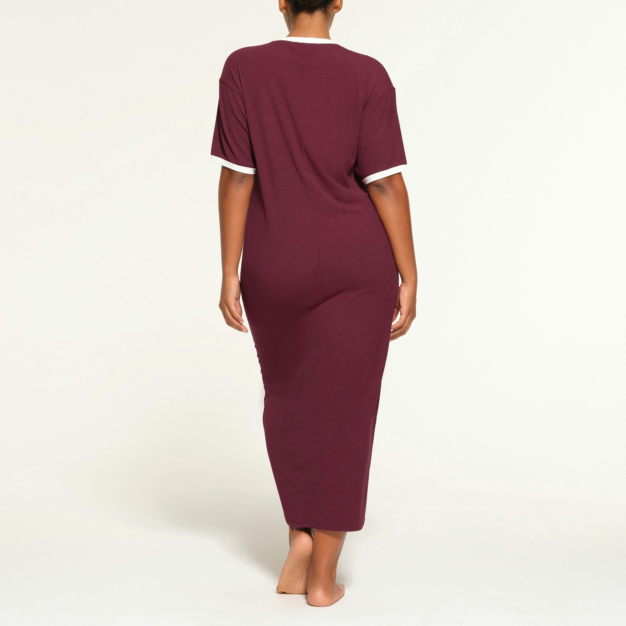 SOFT LOUNGE RINGER T-SHIRT LONG DRESS WORN BY A MODEL IN BACK VIEW