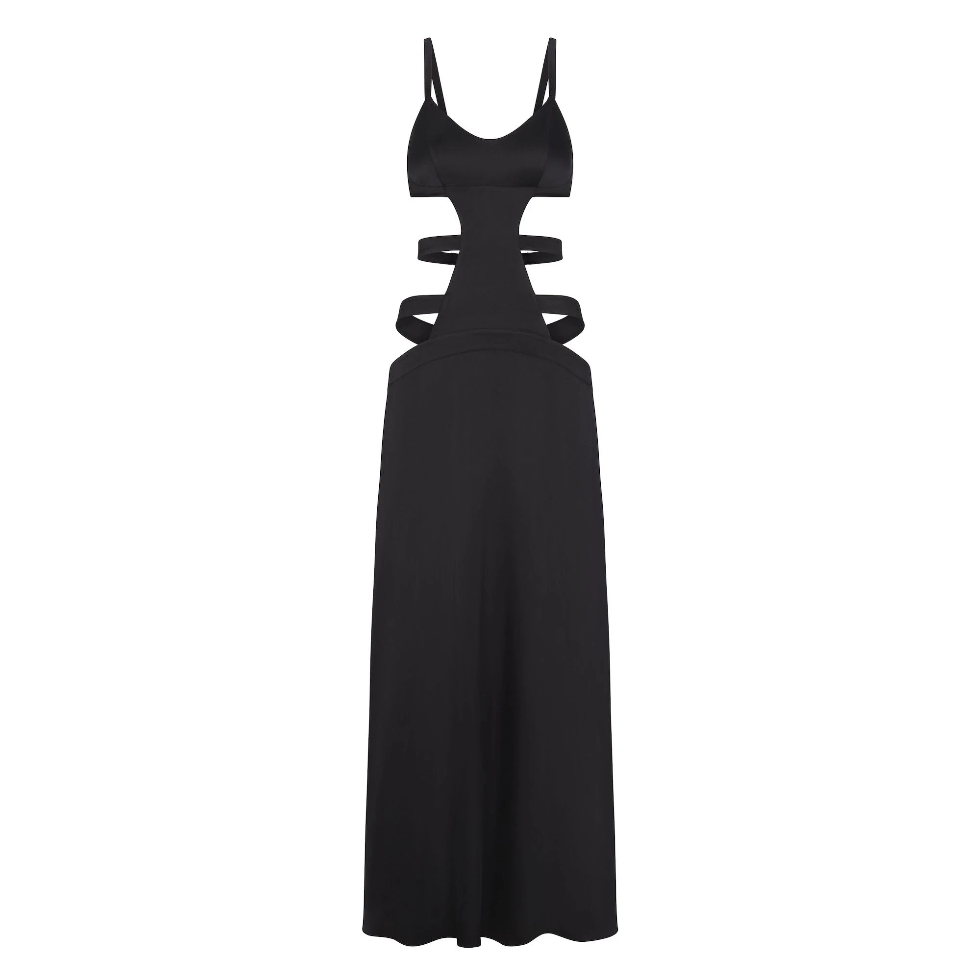 SILK STRAPPY LONG SLIP DRESS | ONYX (LONG DRESSES) LAYS FLAT ON A WHITE BACKGROUND