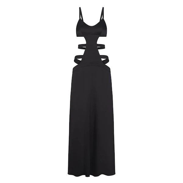 SILK STRAPPY LONG SLIP DRESS | ONYX (LONG DRESSES) LAYS FLAT ON A WHITE BACKGROUND
