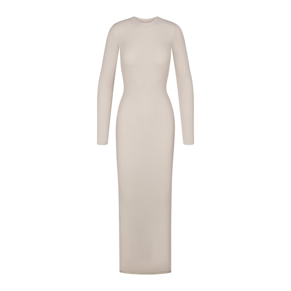 WAFFLE CREW NECK LONG DRESS | STONE (LONG DRESSES) LAYS FLAT ON A WHITE BACKGROUND