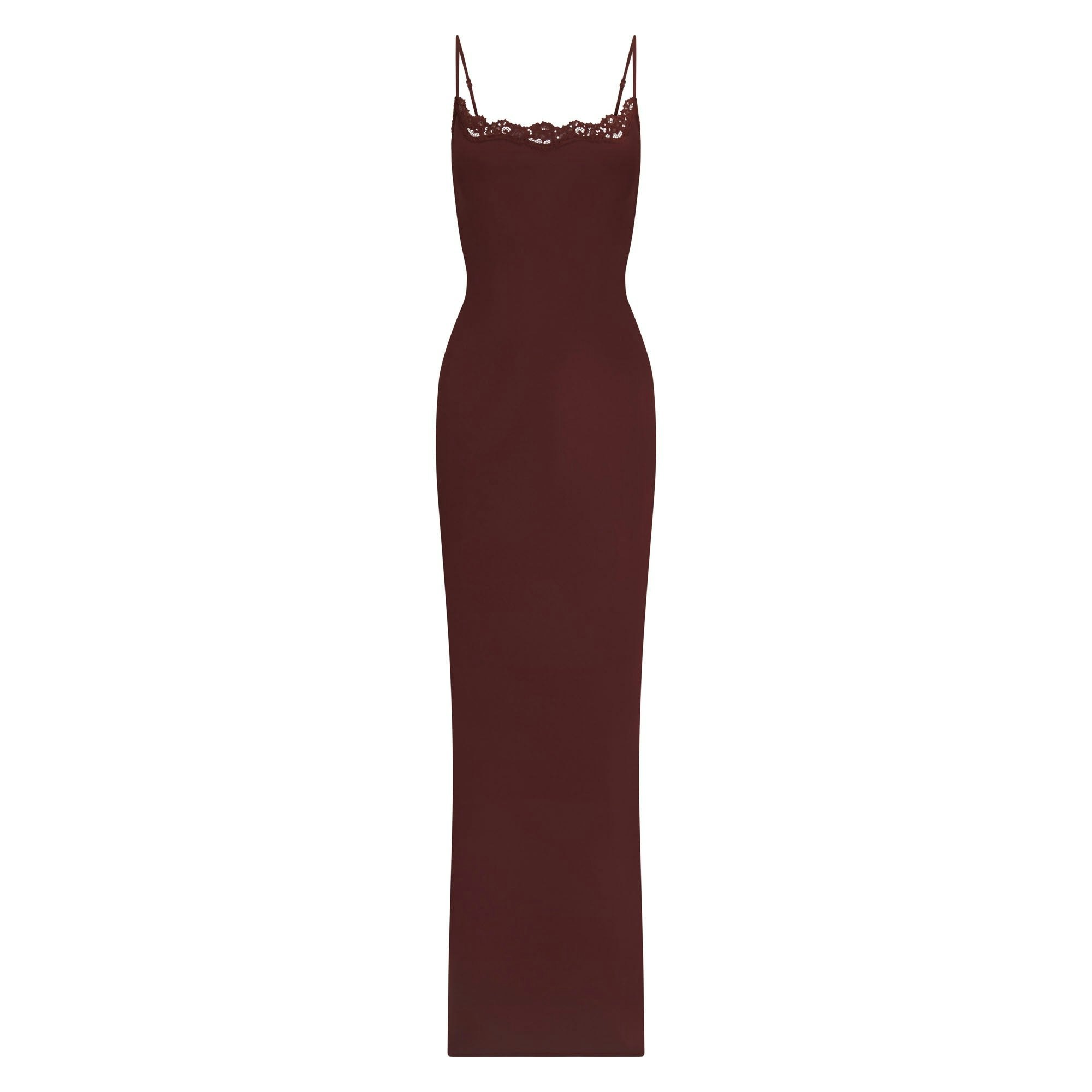 FITS EVERYBODY LACE LONG SLIP DRESS | OXBLOOD FLAT ON A WHITE BACKGROUND | FLT