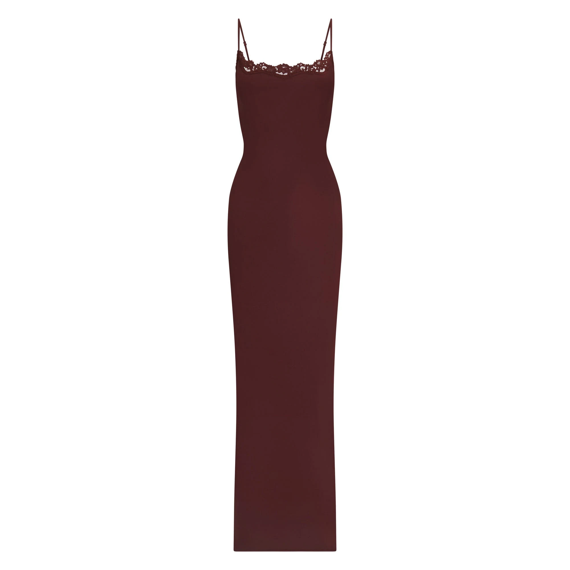 FITS EVERYBODY LACE LONG SLIP DRESS | OXBLOOD FLAT ON A WHITE BACKGROUND | FLT