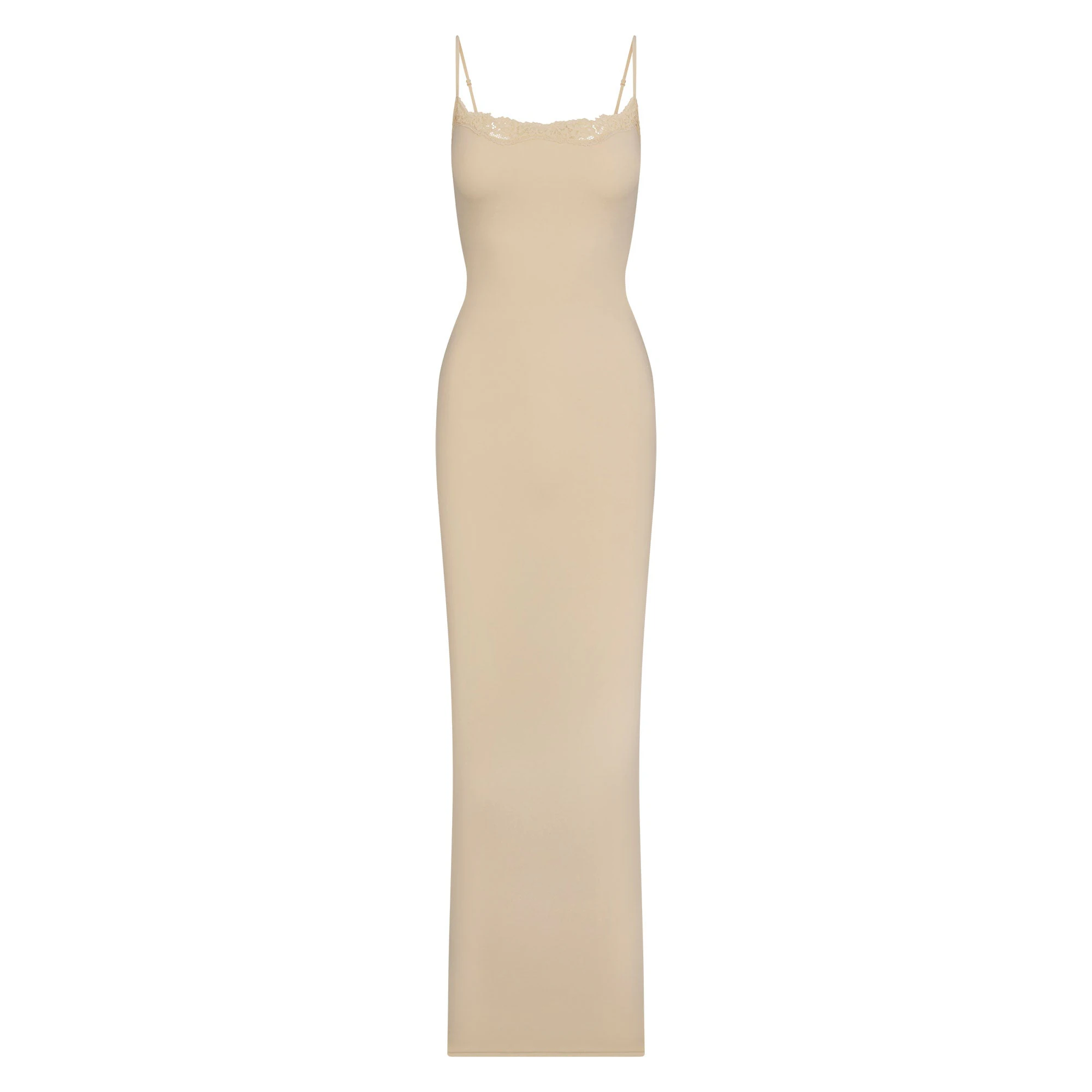FITS EVERYBODY LACE LONG SLIP DRESS LAYS FLAT ON A WHITE BACKGROUND