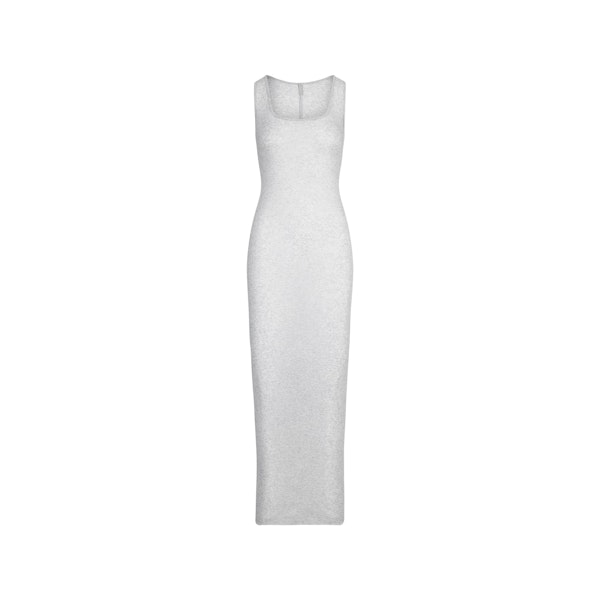 SHEER COTTON RIB LONG DRESS | LIGHT HEATHER GREY FLAT ON A WHITE BACKGROUND | FLT
