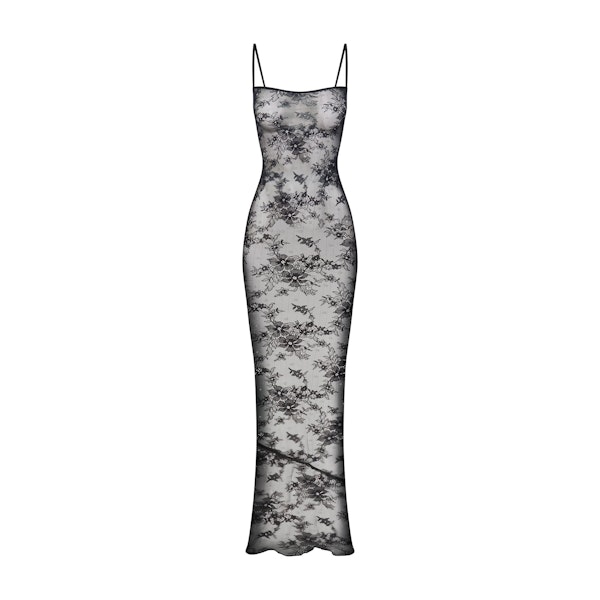 ULTRA FINE LACE CAMI LONG DRESS | ONYX (LONG DRESSES) LAYS FLAT ON A WHITE BACKGROUND | FLT