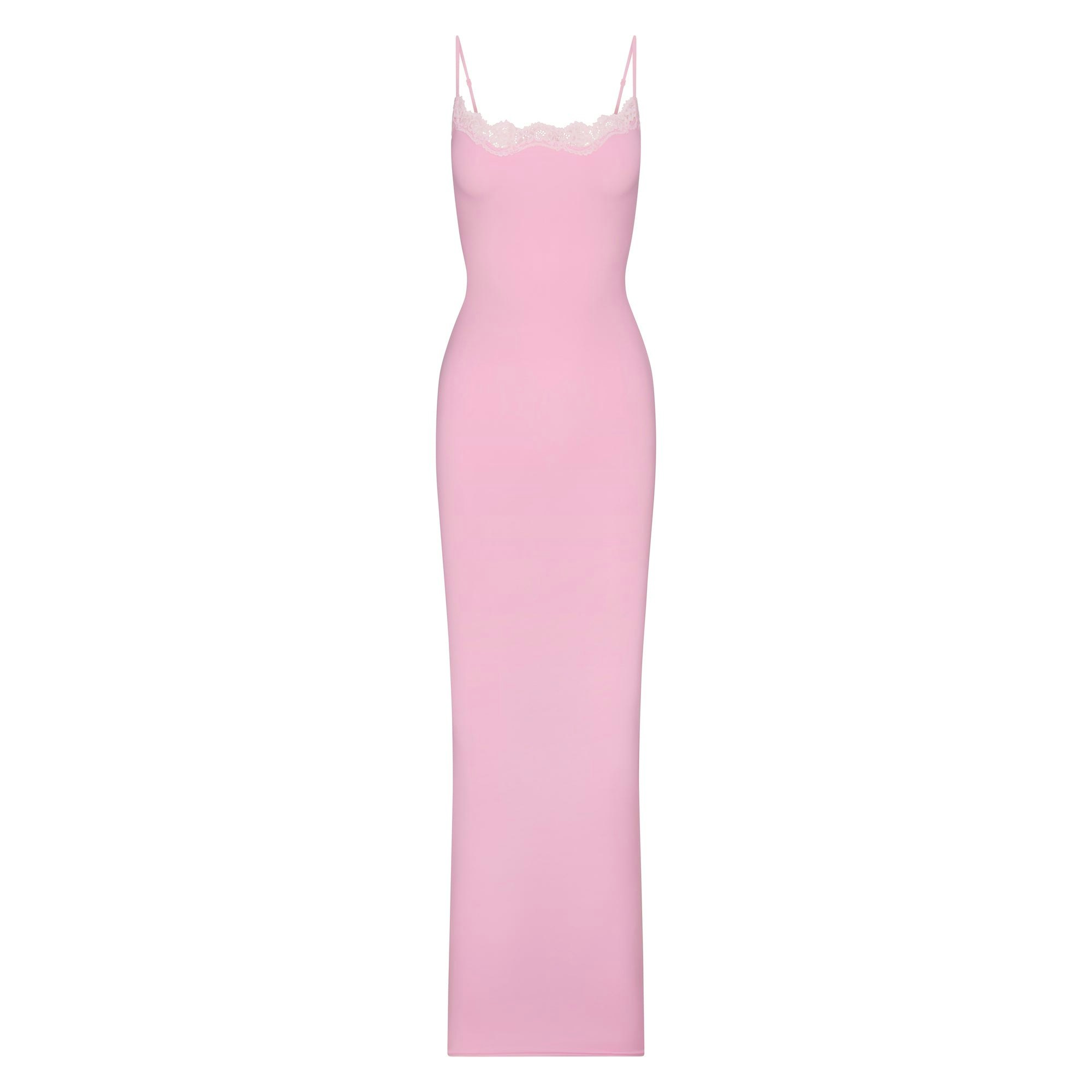 FITS EVERYBODY LACE LONG SLIP DRESS | BUBBLEGUM TONAL FLAT ON A WHITE BACKGROUND @ | FLT