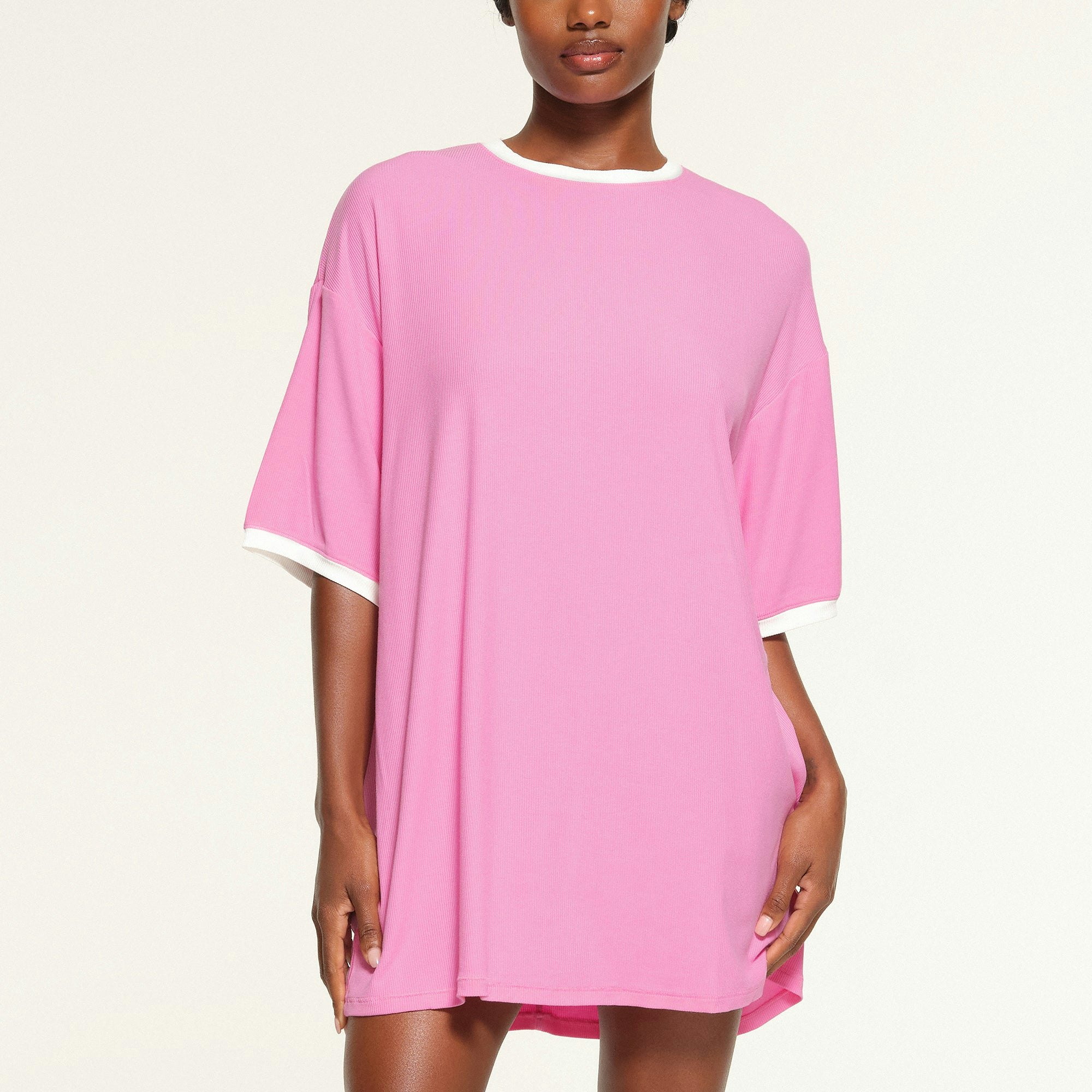SOFT LOUNGE RINGER T-SHIRT MINI DRESS WORN BY A MODEL IN FRONT VIEW