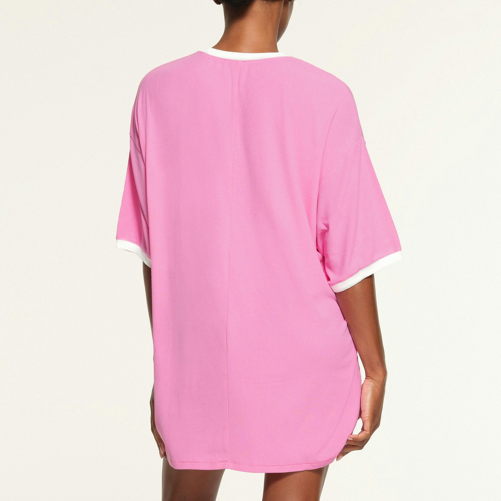 SOFT LOUNGE RINGER T-SHIRT MINI DRESS WORN BY A MODEL IN BACK VIEW