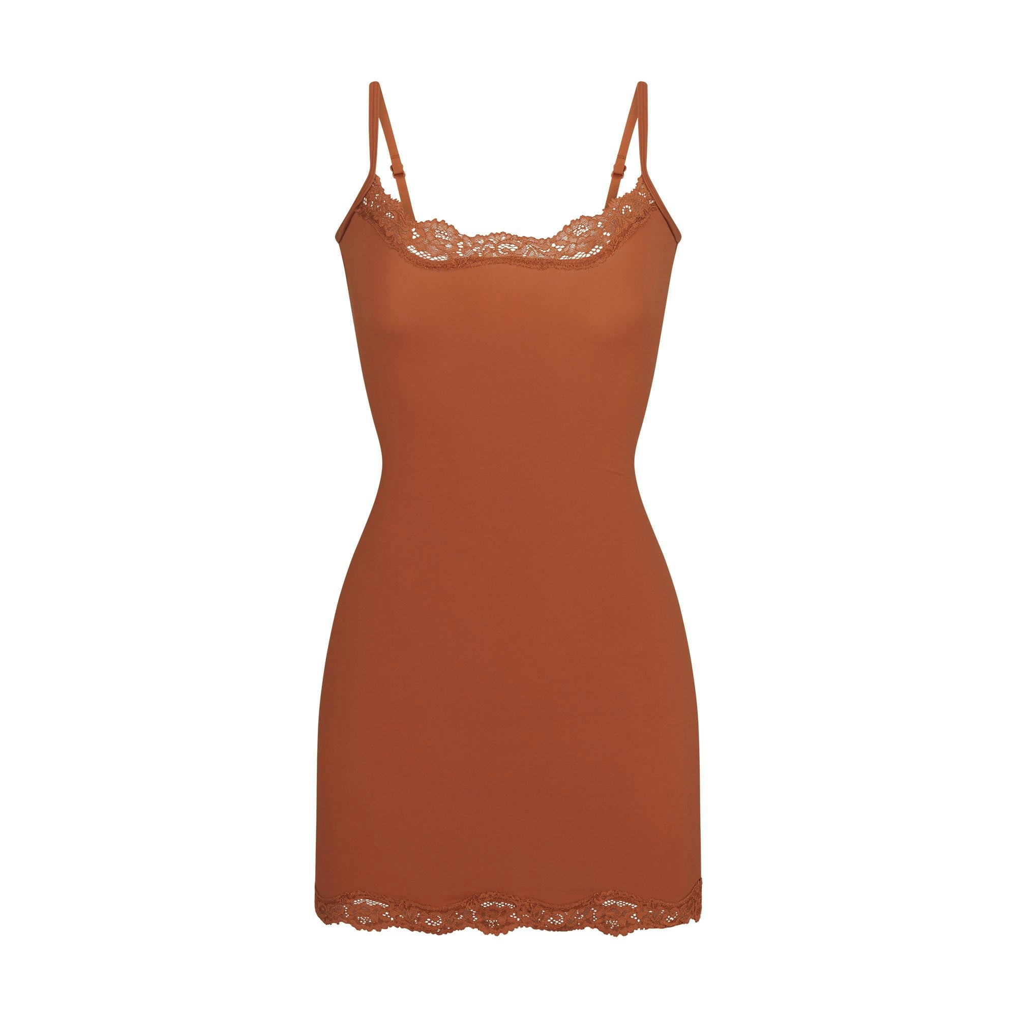 FITS EVERYBODY LACE SLIP DRESS LAYS FLAT ON A WHITE BACKGROUND