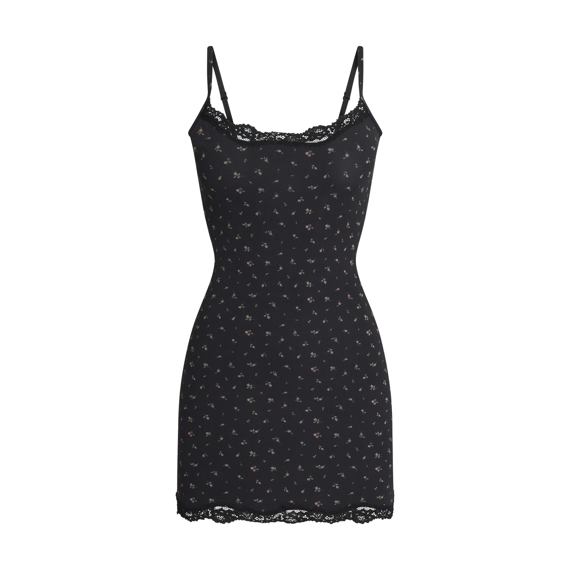 FITS EVERYBODY LACE SLIP DRESS | ONYX ROSEBUD PRINT FLAT ON A WHITE BACKGROUND | FLT