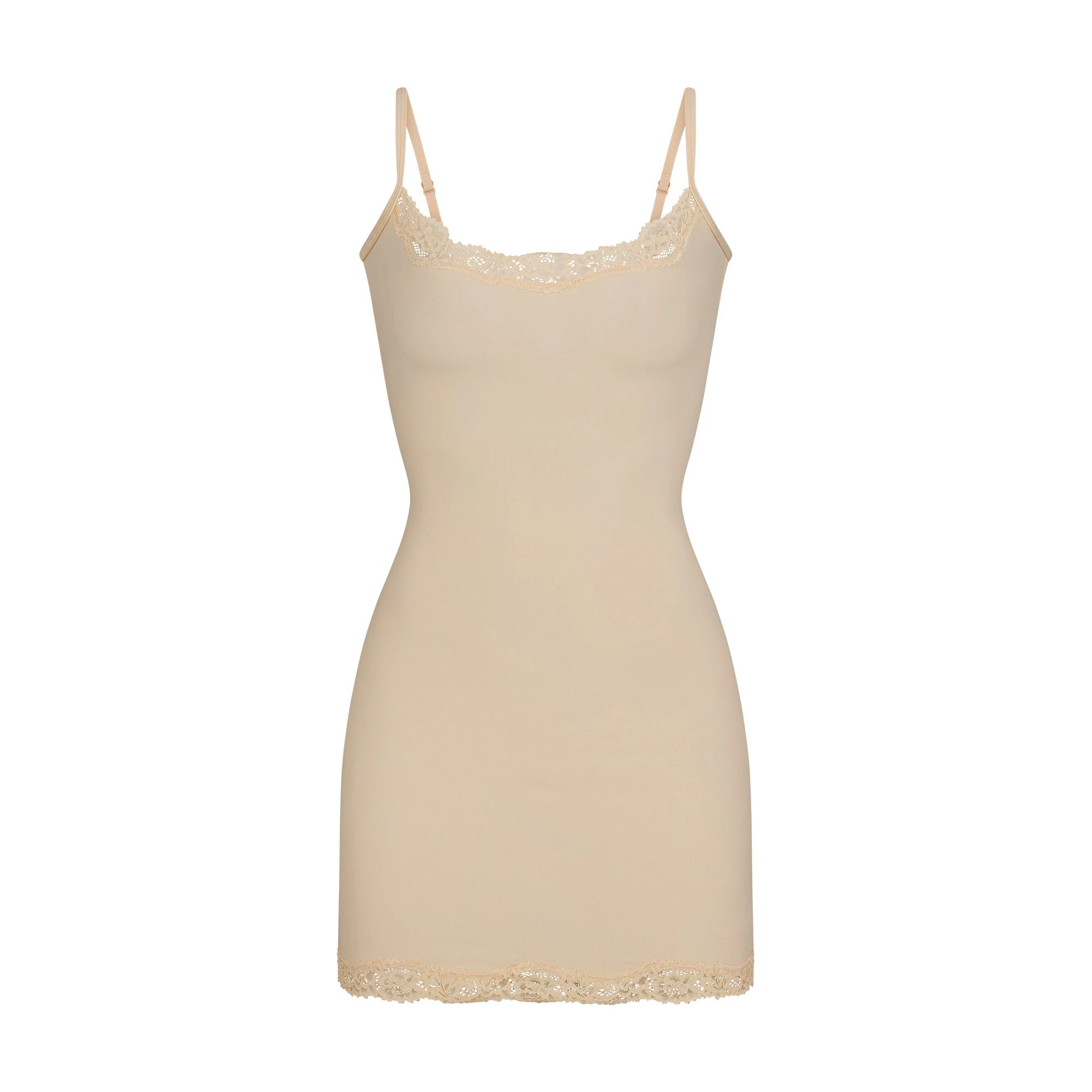 FITS EVERYBODY LACE SLIP DRESS LAYS FLAT ON A WHITE BACKGROUND