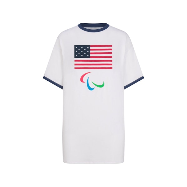 SKIMS FOR TEAM USA COTTON RIB PARALYMPIC T-SHIRT MINI DRESS | WHITE (MINI DRESSES, DRESSES) FLAT ON A WHITE BACKGROUND | FLT
