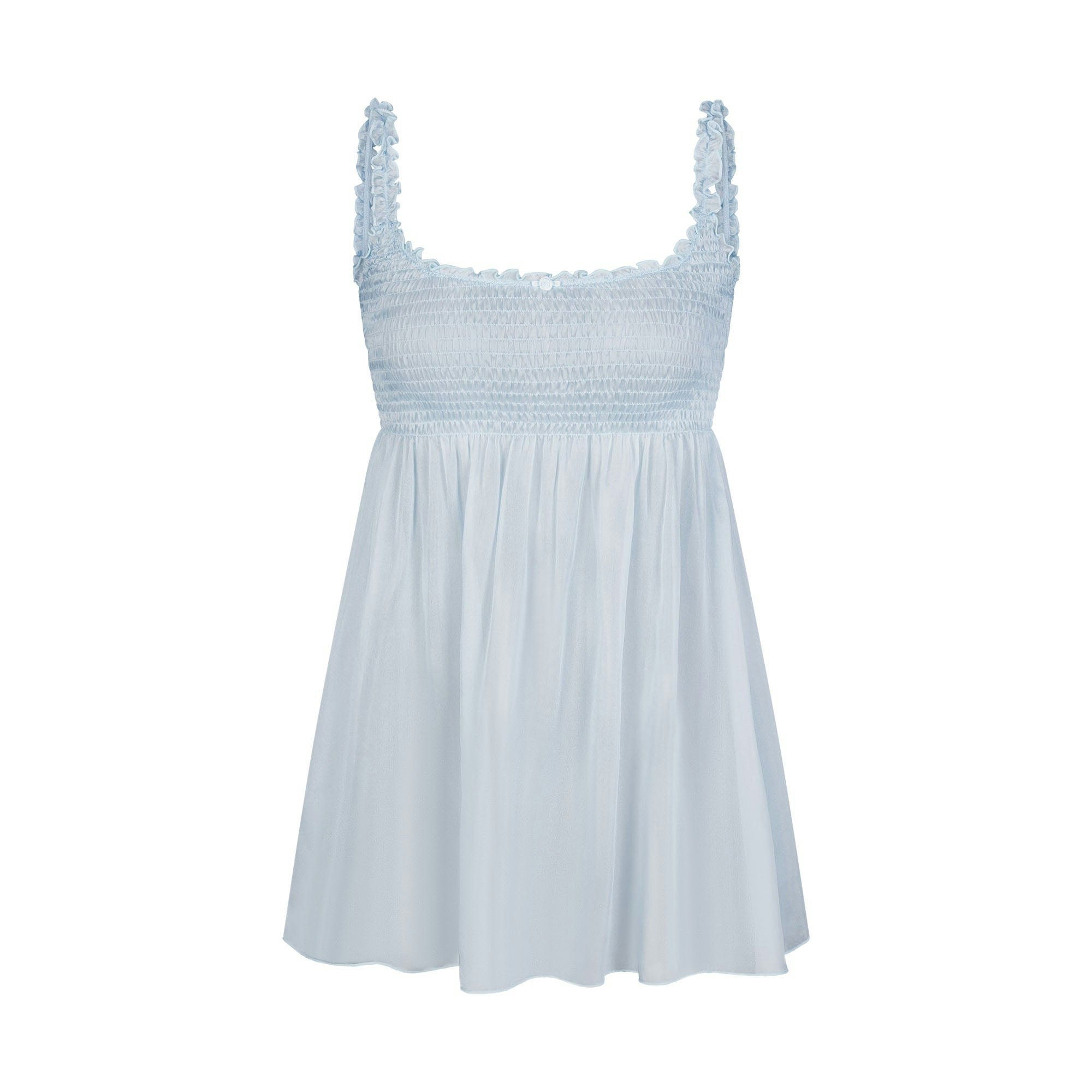 SKIMS ROMANCE SMOCKED MINI SLIP DRESS | CELESTE (MINI DRESSES) LAYS FLAT ON A WHITE BACKGROUND