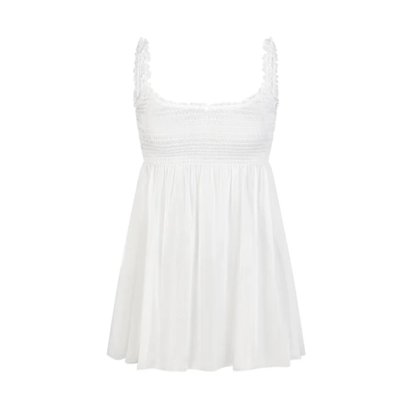 SKIMS ROMANCE SMOCKED MINI SLIP DRESS | SNOW (MINI DRESSES) LAYS FLAT ON A WHITE BACKGROUND