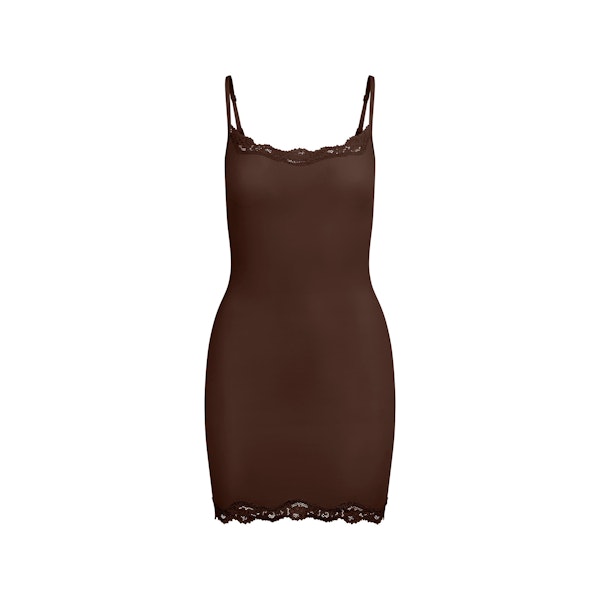 FITS EVERYBODY LACE SLIP DRESS | ESPRESSO FLAT ON A WHITE BACKGROUND | FLT