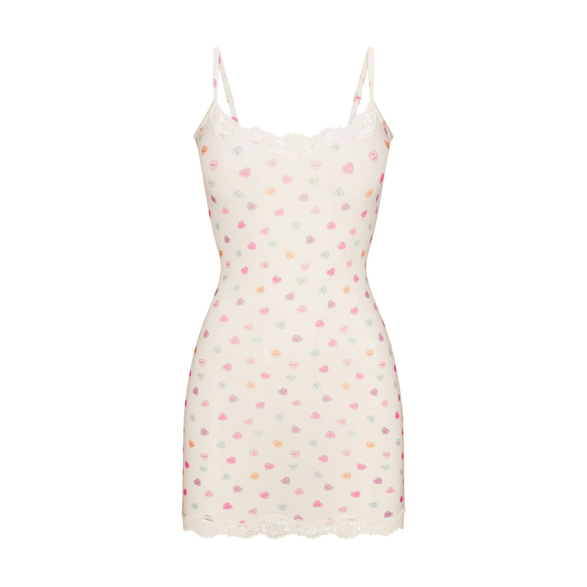 FITS EVERYBODY LACE SLIP DRESS | MARBLE CANDY HEART PRINT FLAT ON A WHITE BACKGROUND | FLT