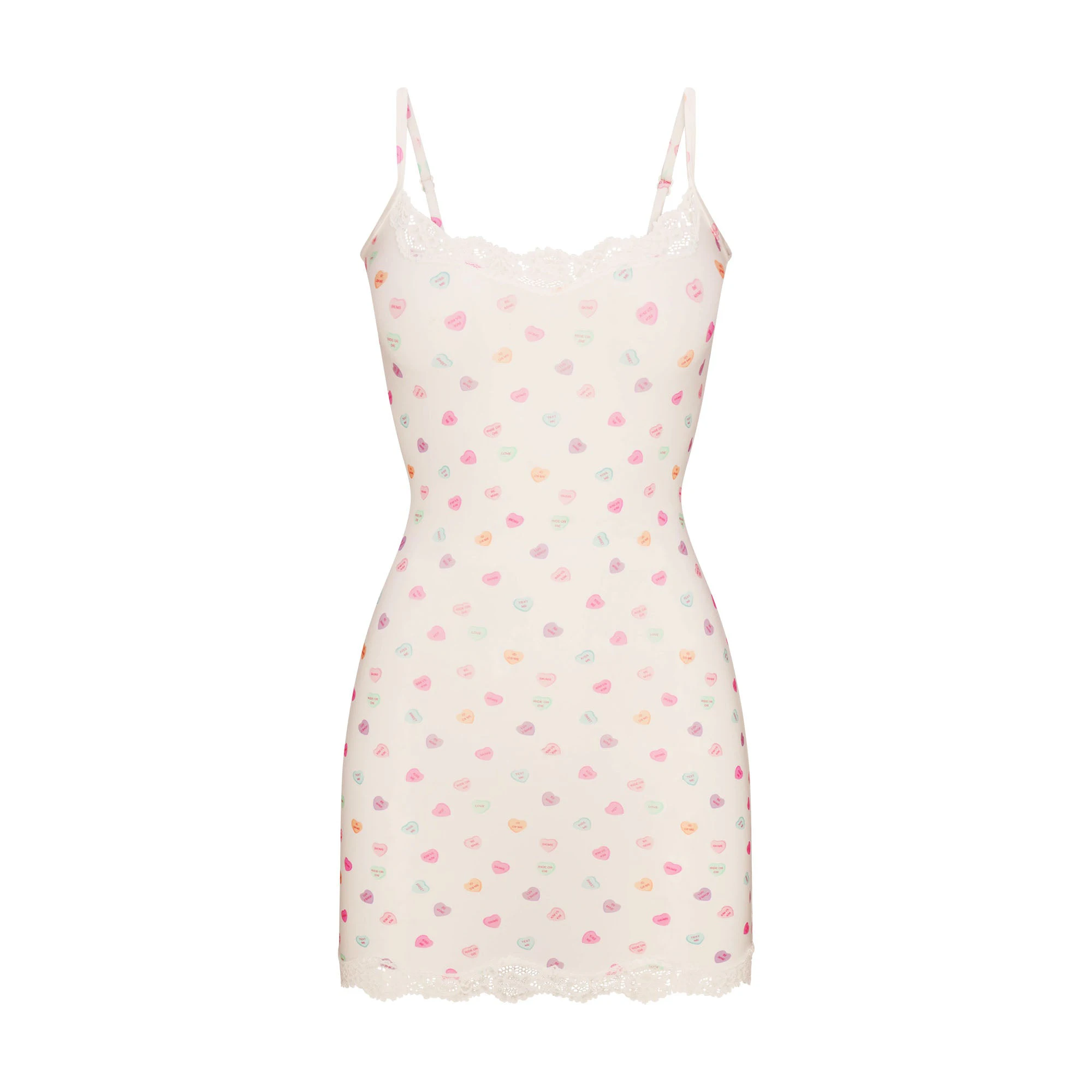 FITS EVERYBODY LACE SLIP DRESS | MARBLE CANDY HEART PRINT FLAT ON A WHITE BACKGROUND | FLT