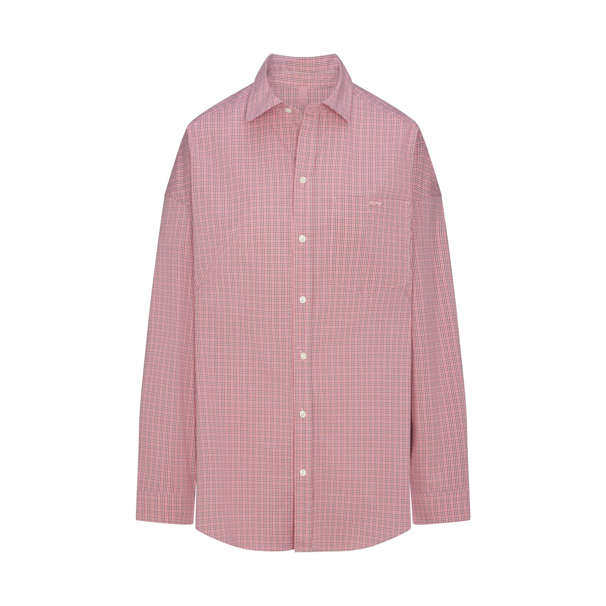 COTTON POPLIN SLEEP SHIRT DRESS | BERRY CHECK FLAT ON A WHITE BACKGROUND @ | FLT